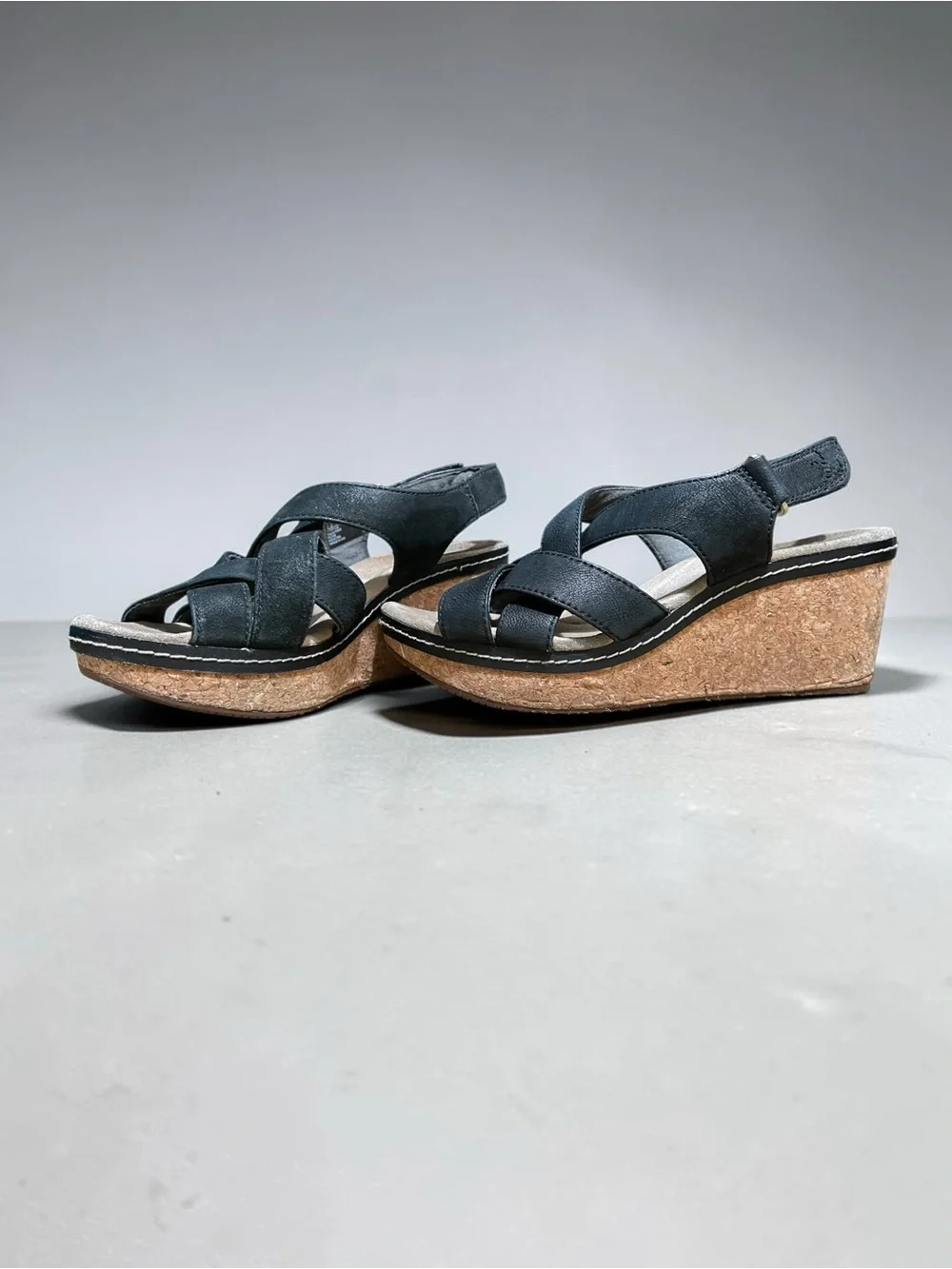 Clarks Collection Black Leather Cork Wedge Slingback Sandals Women’s 8.5
